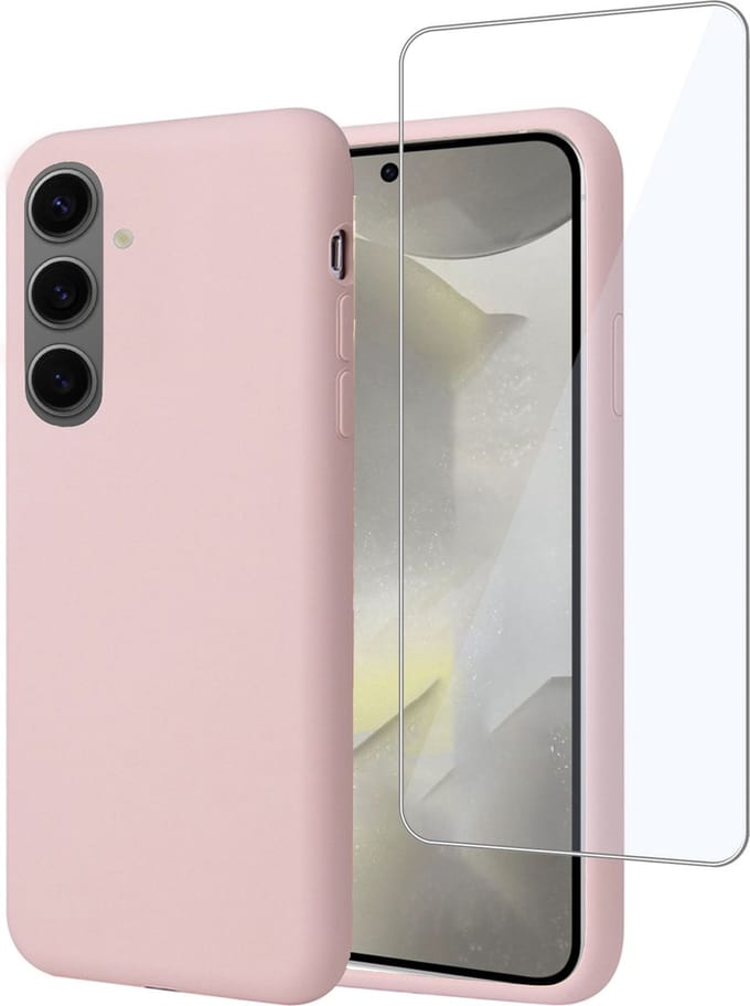 Geschikt voor Samsung Galaxy S24 Plus - Hoesje + Screenprotector – Gehard Glas Cover - Suède Case Rose