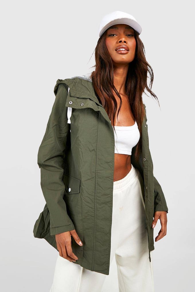 boohoo Dames Hooded Contrast Trim Mac | Kaki | Maat: 42