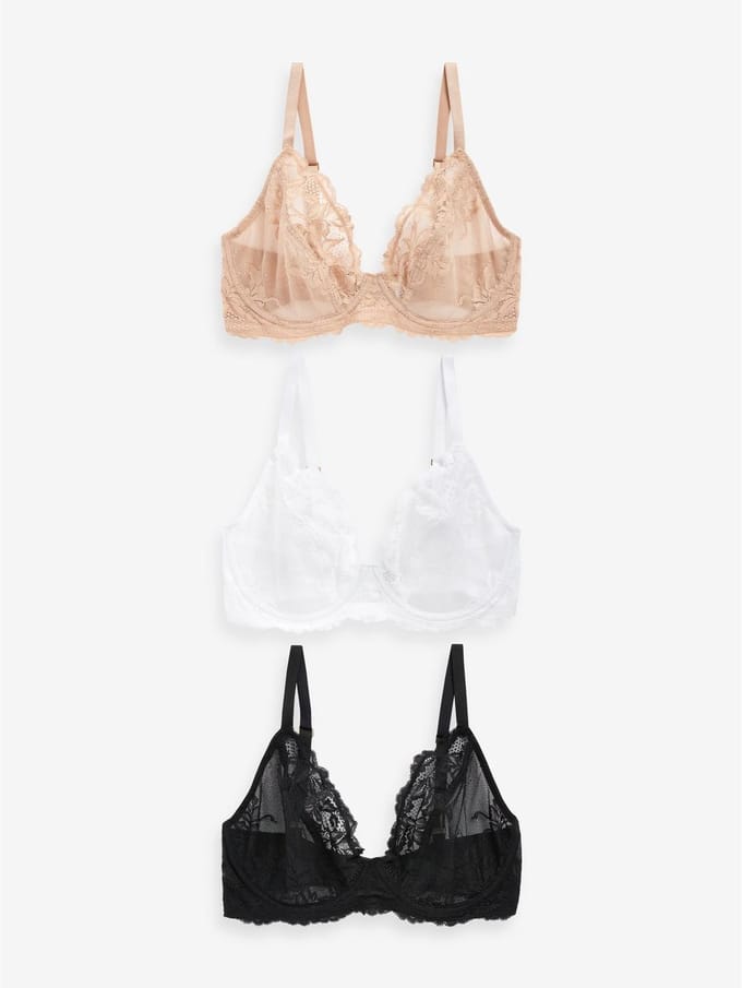 Next - Dames - Set van 3 DD+ kanten beha's met lage decolleté zonder vulling - Zwart