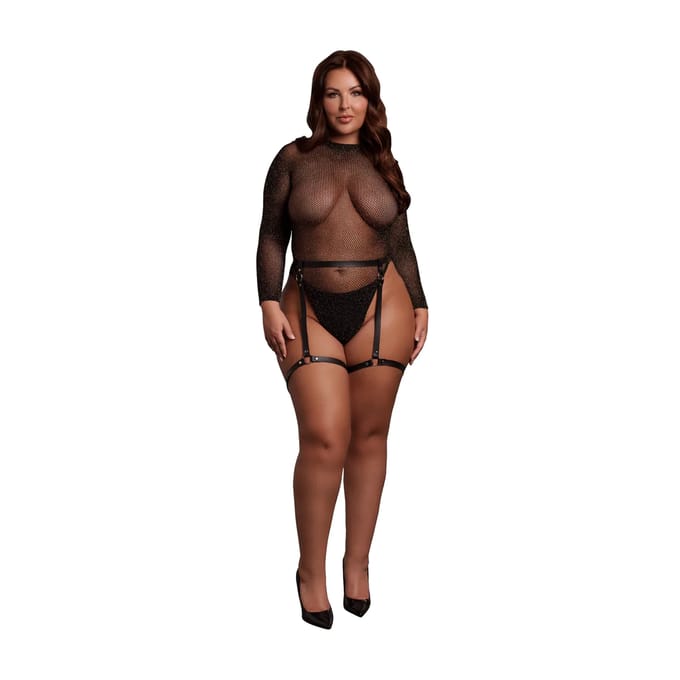 Shimmering Open-Back Bodysuit with PU Leather Garters - Plus Size - Black/Gold Glitter