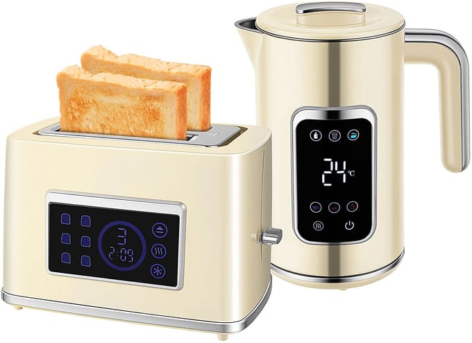 Roossentials ontbijtset - Broodrooster - Waterkoker - Toaster - Met led touchscreen - Met temperatuurregeling - Licht geel