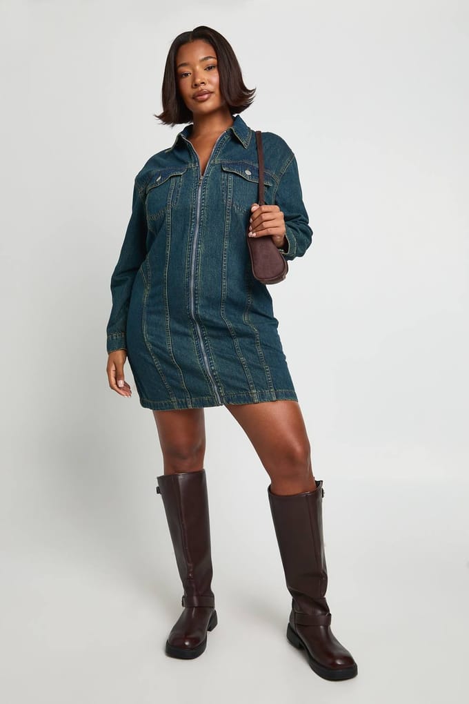 boohoo Dames Plus Denim Zip Up Shift Dress | Vintage Wash | Maat: 20
