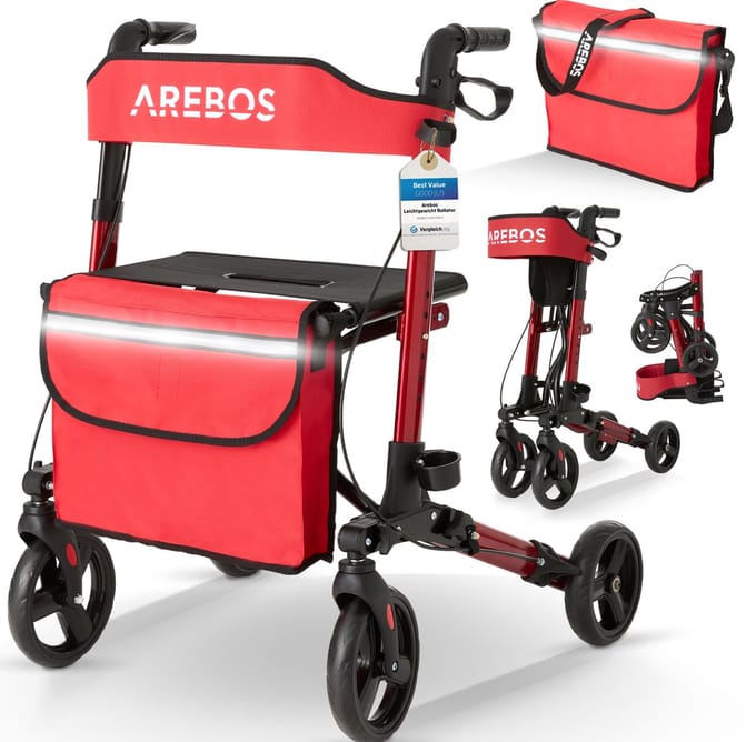 AREBOS Rollator Lichtgewicht en Opvouwbaar - Rollators - Rollator voor Binnen en Buiten - Rood