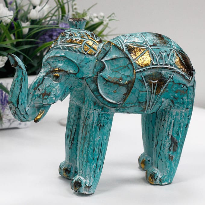 Hout Gesneden Olifant Beeld - Turquoise & Goud - Handgemaakt - 8x27x24cm