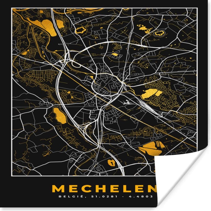 Poster Stadskaart - Mechelen - Goud - Plattegrond - Kaart - 75x75 cm