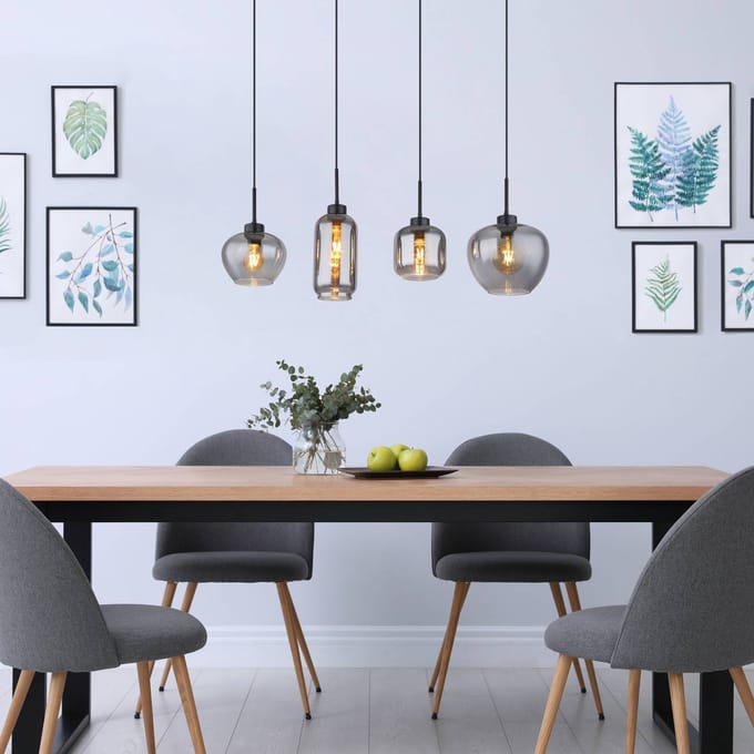 Globo - hanglamp - Matt - zwart - glas smoke glas - grote eettafellamp - E27 - 15549-4SH