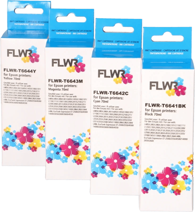 FLWR - Inktflesjes / T664 / 4-pack Zwart & Kleur - Geschikt voor Epson