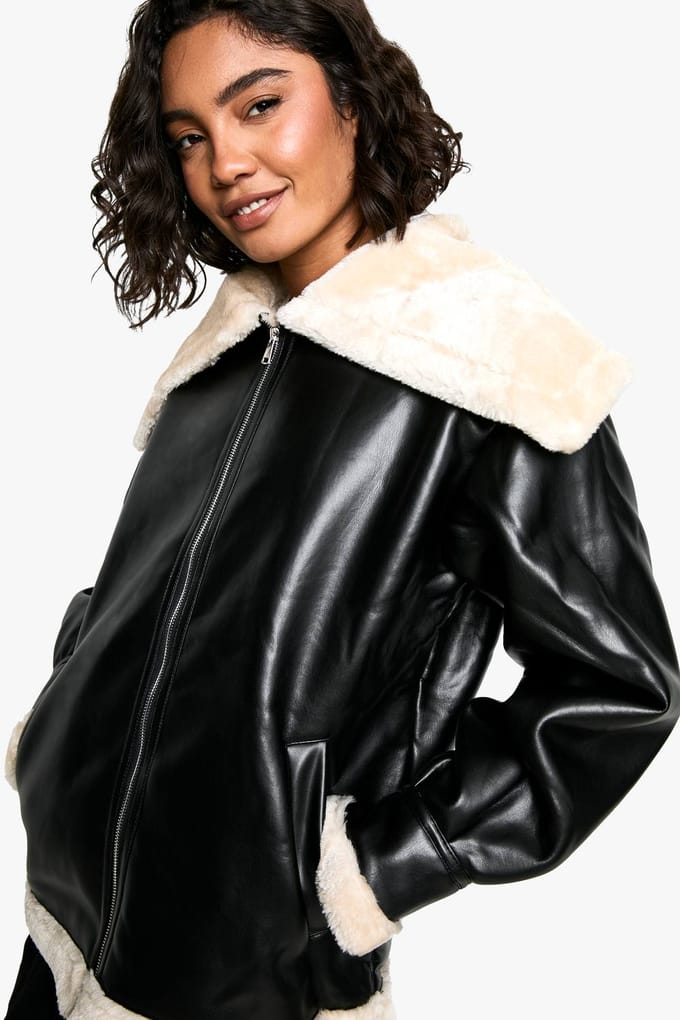 boohoo Dames Leren jas met hoge nepbontkraag | Black | Maat: 12
