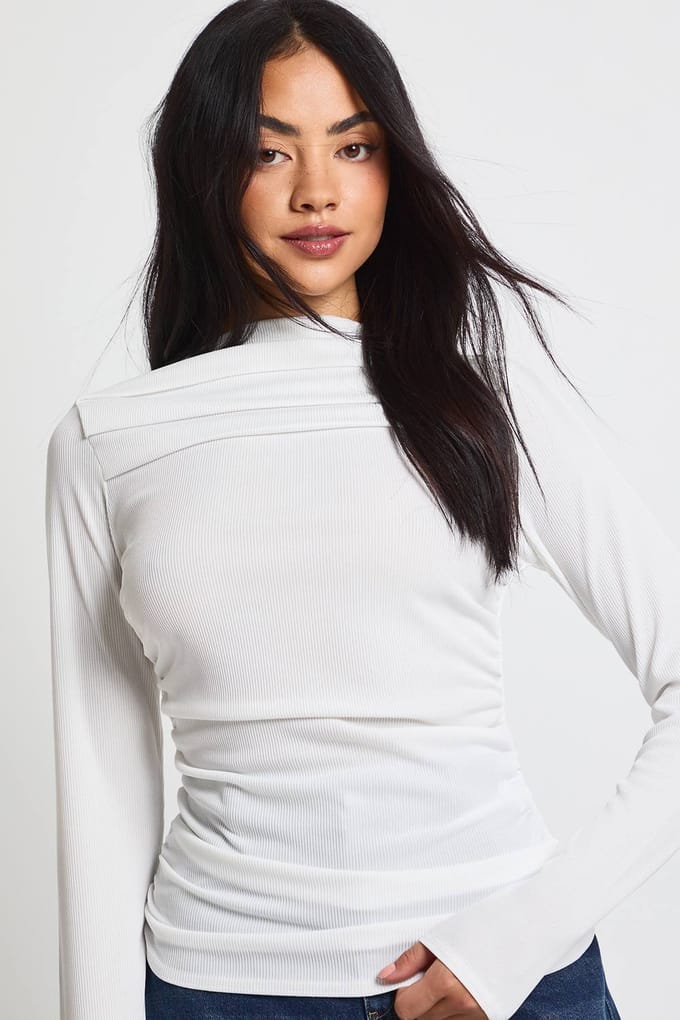 boohoo Dames Geribbelde top met gedrapeerde voorkant en lange mouwen | Cream | Maat: 10