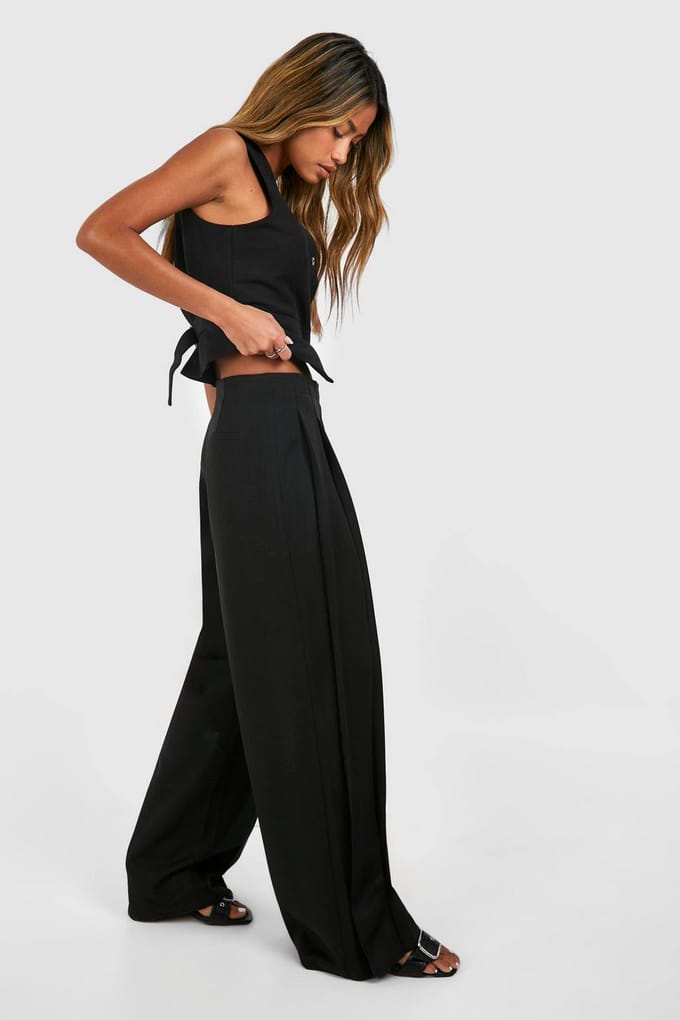 boohoo Dames Extreme Plooien Wijde Pijp Broek | Zwart | Maat: 40
