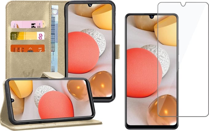 Hoesje geschikt voor Samsung A42 en Screenprotector - Book Case Kunstleer Wallet Goud + Screen Protector Glas