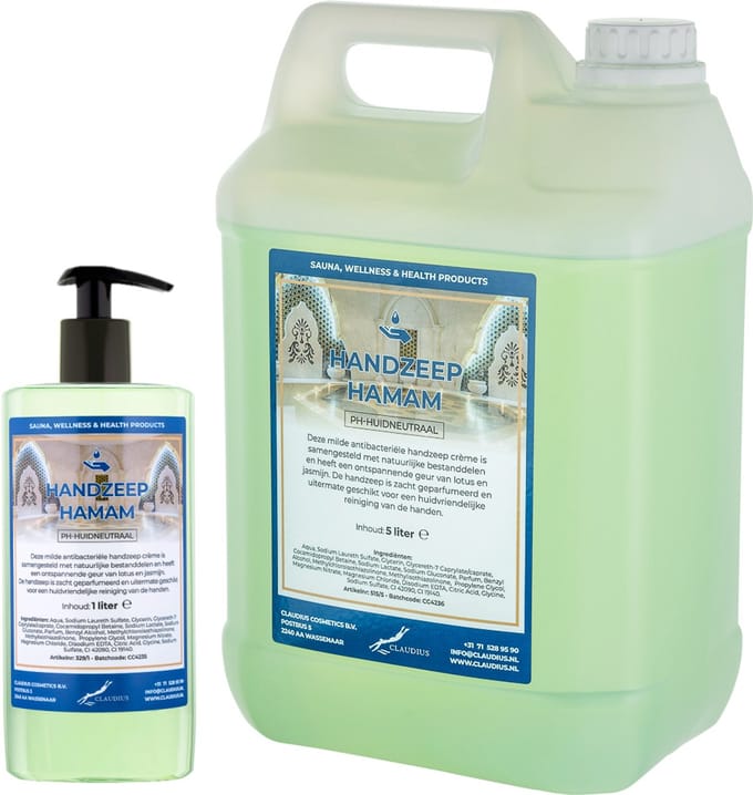 Handzeep Hamam 500 ml met gratis pomp - hervulbaar + Jerrycan 5 liter navulling