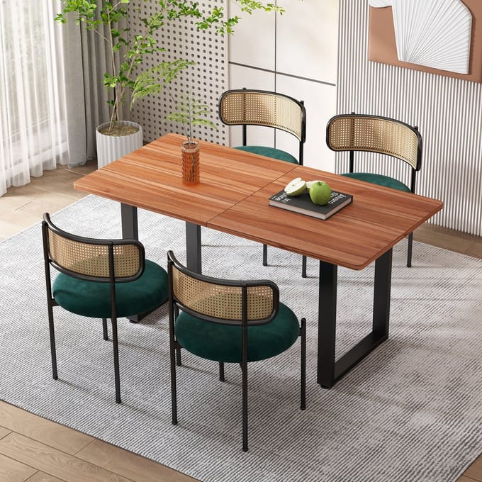 MODENUIT Eetkamerstoel - Set van 4 - Rotan Rugleuning en Gebogen Rug - Voor Eetkamer en Woonkamer - Fluweel Groen