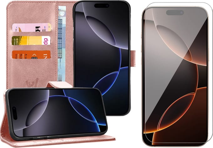 Hoesje geschikt voor iPhone 16 - Screenprotector Glas - Portemonnee Book Case Rosegoud