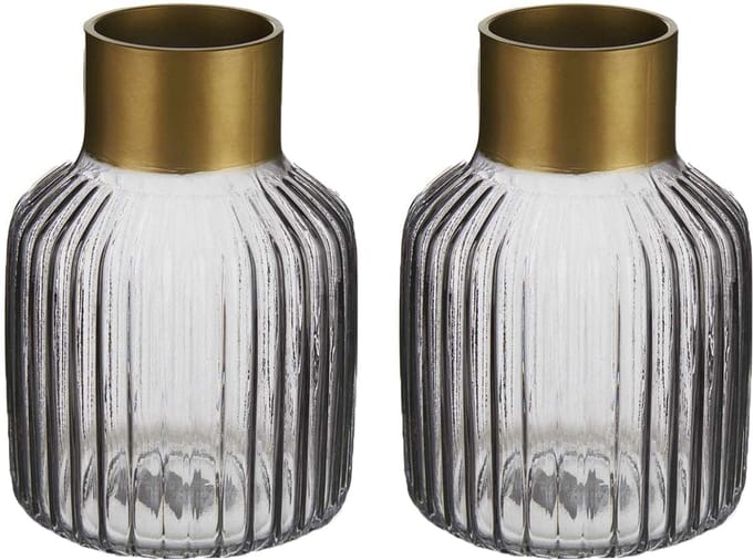Giftdecor - Bloemenvazen 2x stuks - Decoratie glas - grijs/goud - 12x18 cm
