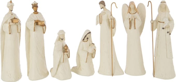 J-Line kerststal 7 Delen - polyresin - ecru/goud