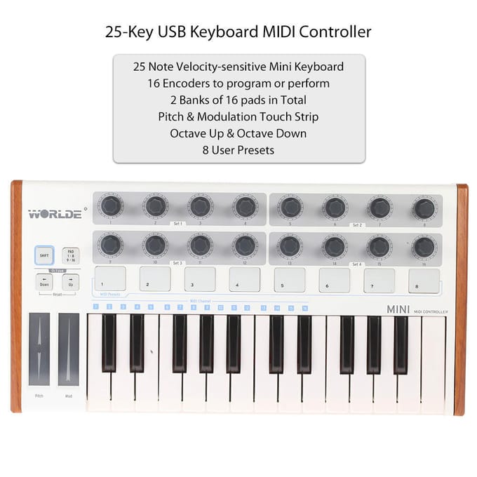 Worlde Mini contrôleur de batterie et clavier USB MIDI professionnel ultra-portable à 25 touches white