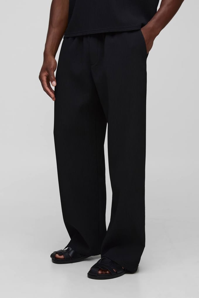 Elastische, wijduitlopende geplooide broek | Black | Size Medium