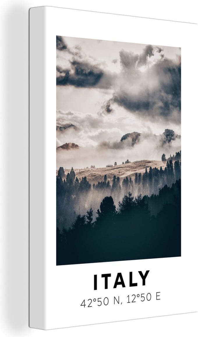 Canvas Schilderij Italië - Dolomieten - Bos - Mist - 20x30 cm - Wanddecoratie