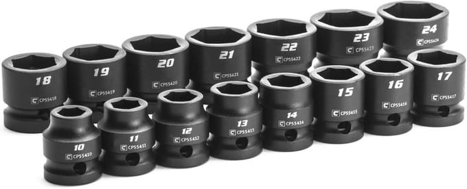 Stubby Impact Socket Set 1/2" Drive - 15-delig, Metrisch van 10 tot 24 mm