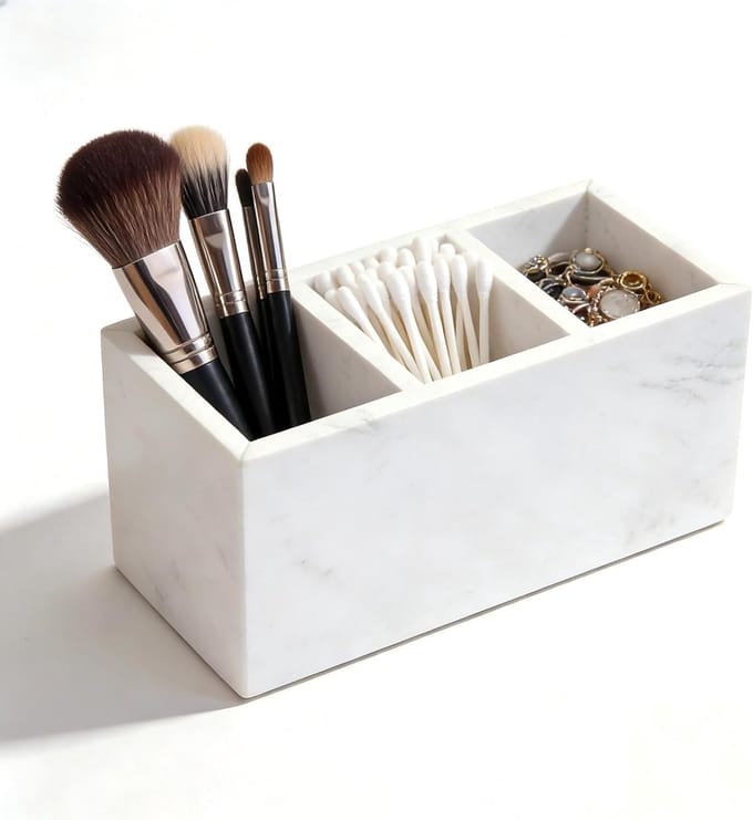 Marmeren Penhouder - Bureau Organizer - Kantoor Studie - Elegante Steen - 8x8x9.9 cm - Wit