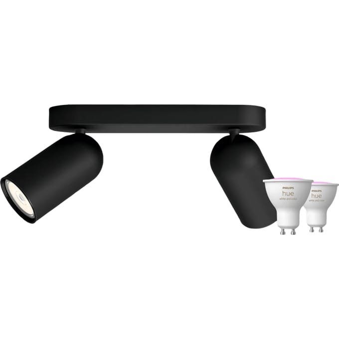 Philips Pongee opbouwspot - 2 spots - zwart + Philips Hue White and Color GU10 (2x)