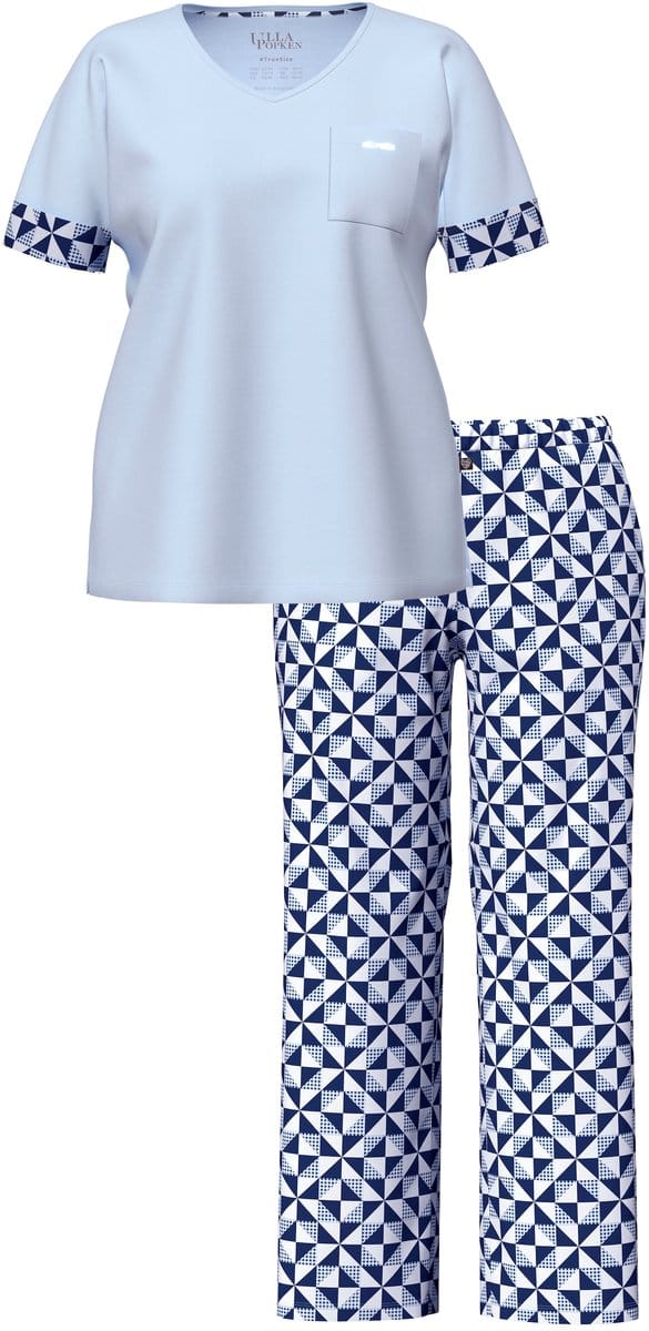 Ulla Popken - Dames - Pyjama ruitjespatroon V-hals korte mouw - Lichtblauw - Maat 58+
