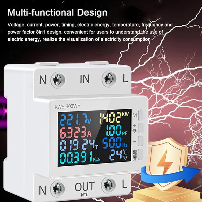 8in1 Power Meter Kleurenscherm 2P Multifunctionele AC Energiemeter 170270V63A Spanning en Stroom KWS-302