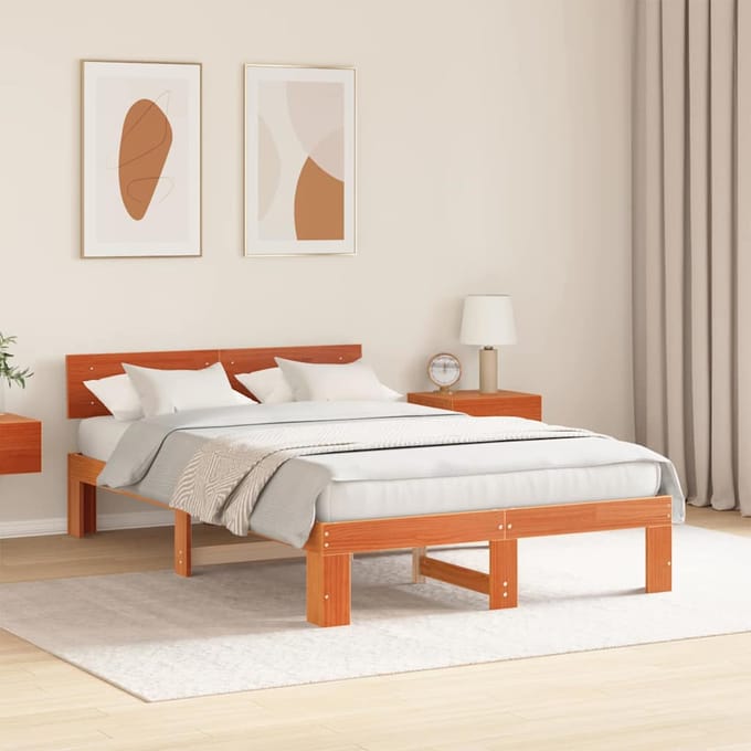 vidaXL - Bedframe - Wasbruin - 135 - x - 190 - cm - Massief - grenenhout