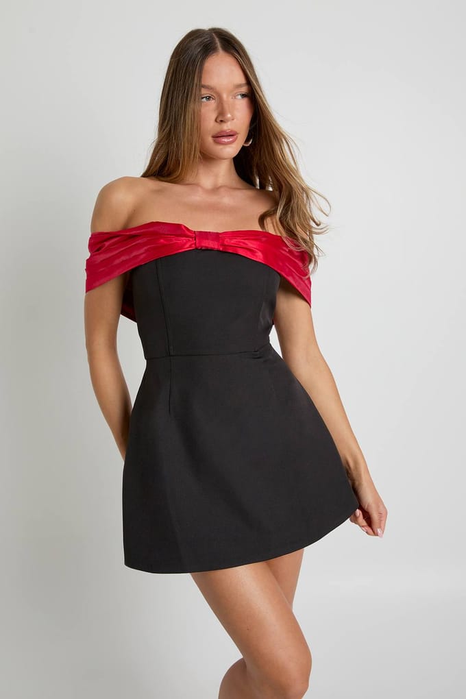 boohoo Dames Taffeta Contrasterende Strik Mini-jurk | Red | Maat: 16