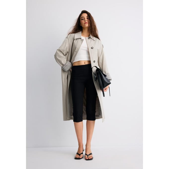 Stradivarius Lange trenchcoat met geruite voering  Beige L