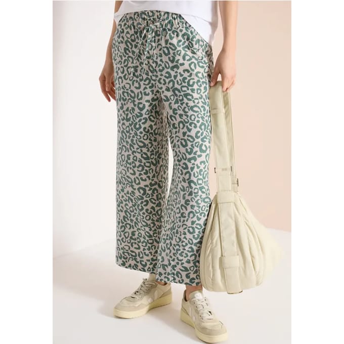 7/8 Wide Legs broek van linnenmix met luipaardprint