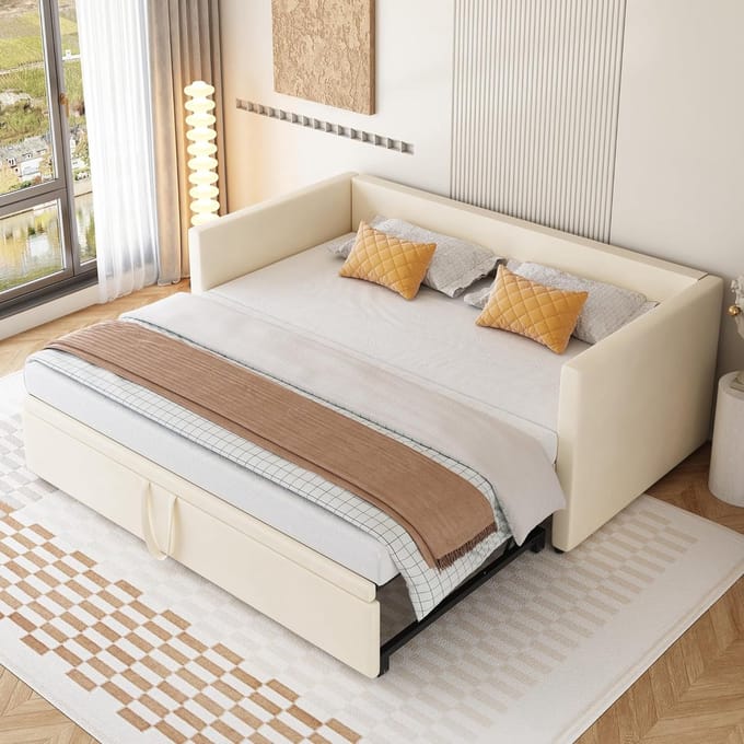 Uitschuifbaar Daybed met Extra Slaapplaats Beige 90x200 cm
