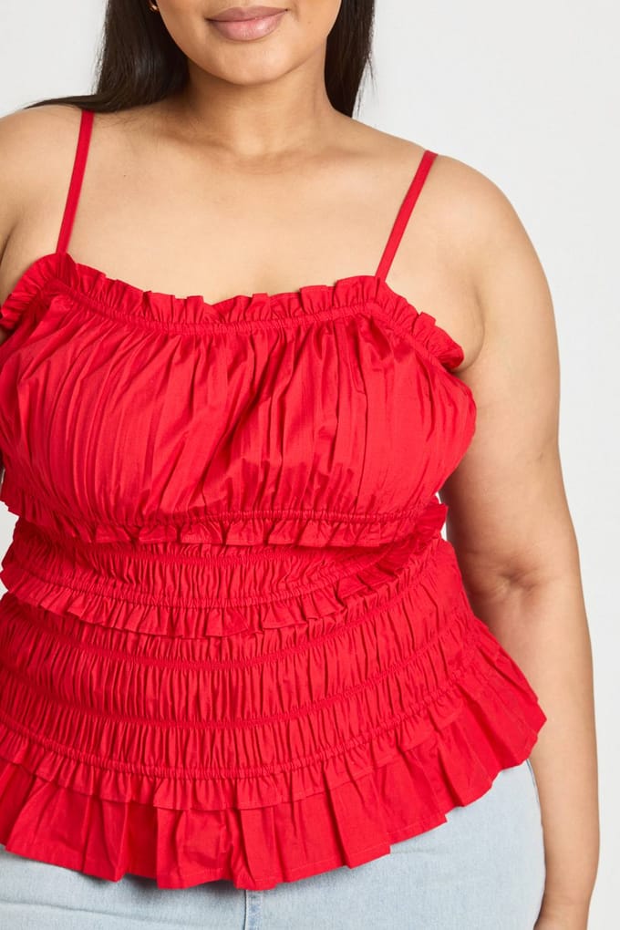 boohoo Dames Plus Top Met Gerimpeld Detail En Bandjes | Rood | Maat: 44
