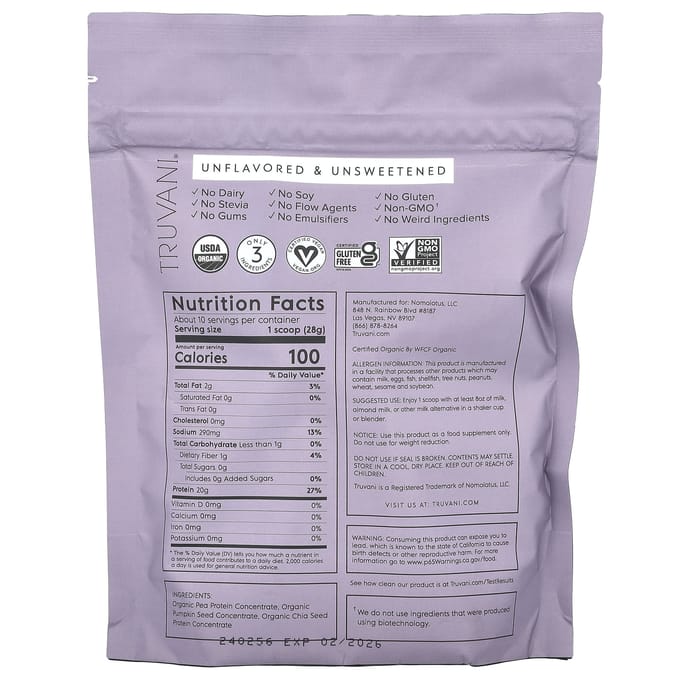 Truvani, protéine végétale, non aromatisée, non sucrée, 9,88 oz (280 grammes)