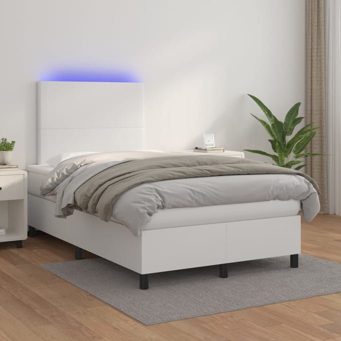 vidaXL - Boxspring - met - matras - en - LED - kunstleer - wit - 120x200 - cm