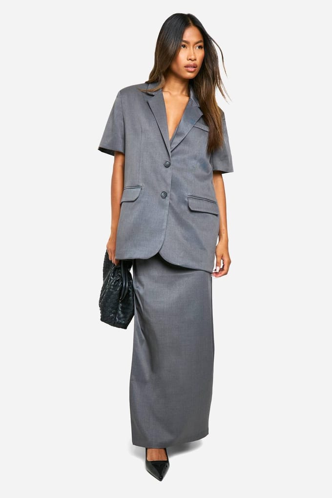 boohoo Dames Marl blazer met schoudervulling, korte mouwen, oversized en lange snit | Houtskool | Maat: 34