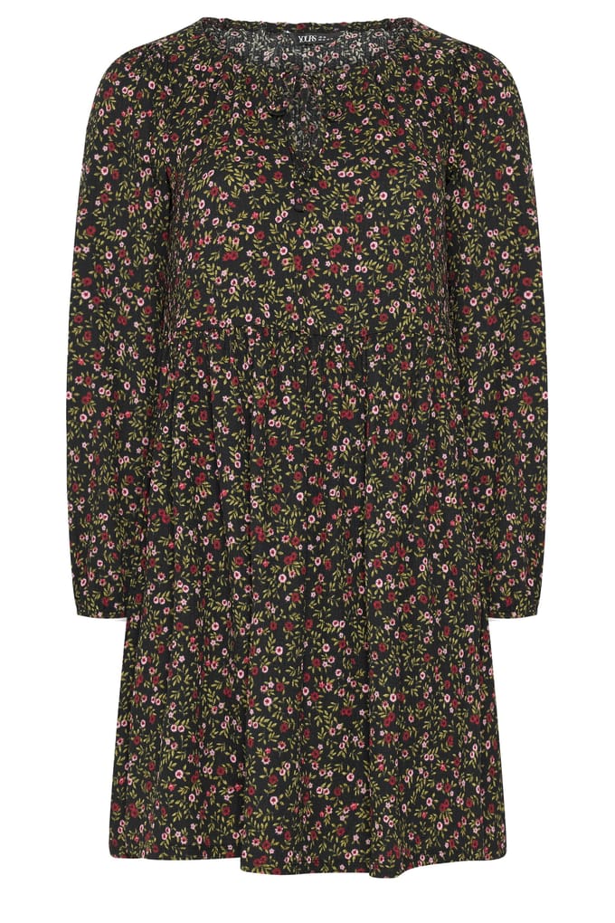 Yours Zwarte Jurk Met Kleine Bloemetjes En Strikhals Size 44