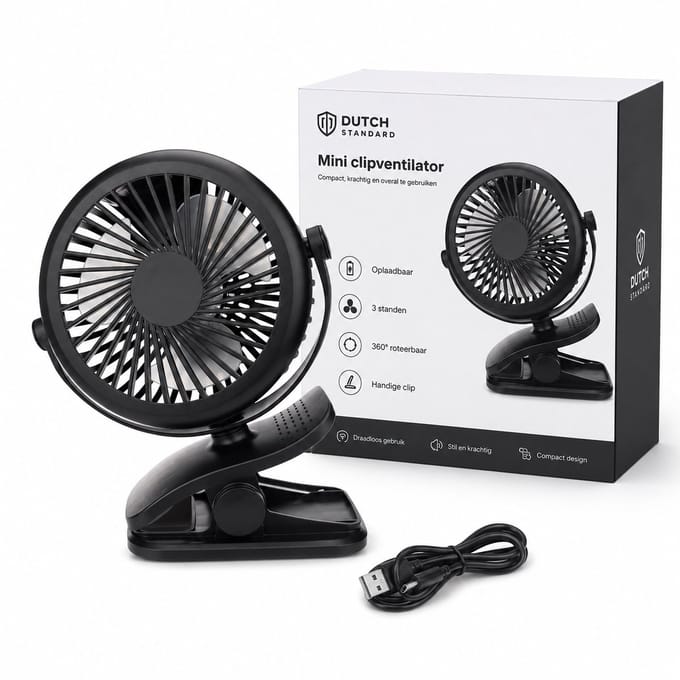 Mini Ventilator - Oplaadbaar - Met Clip - 3 Standen - Draadloos - USB - Zwart