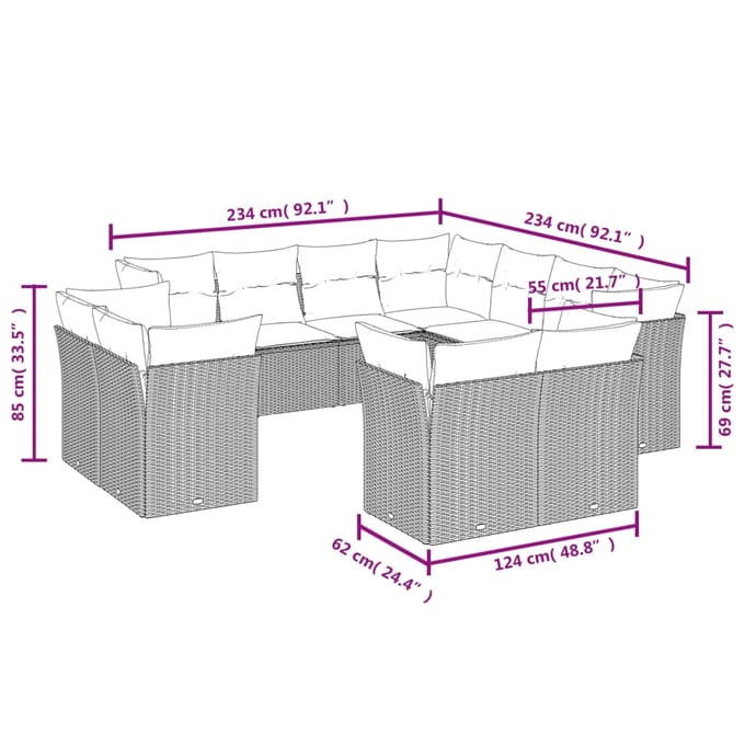 vidaXL - 11-delige - Tuinset - met - kussens - poly - rattan - beige