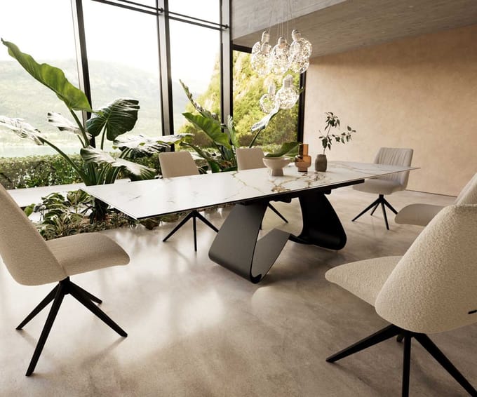 Eetkamertafel Edge keramiek Calacatta Luxe wit-goud-grijs 200-300x100 W-frame zwart uitschuifbaar