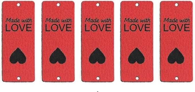 5 luxe PU lederen labels - Made with Love - Rood - Handgemaakt label set 5 stuks - 5 X 2 CM - vouwbaar