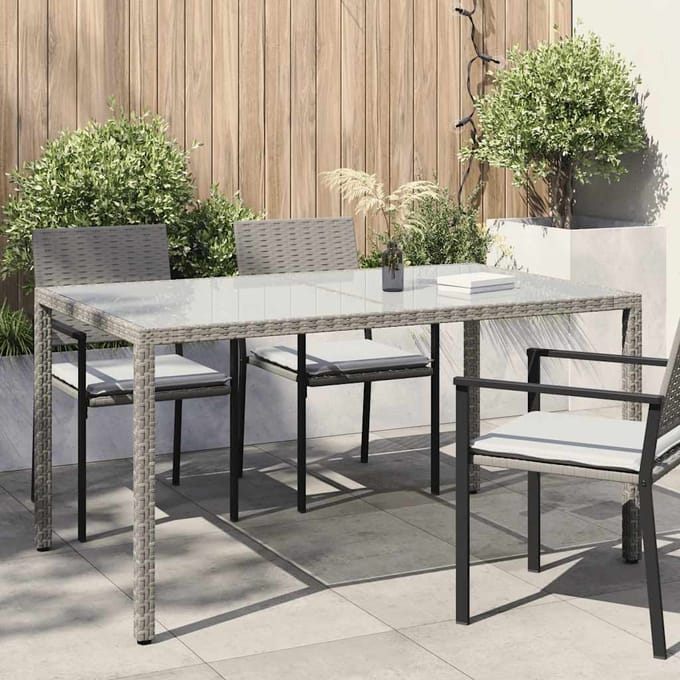 vidaXL - Tuintafel - 150x90x75 - cm - gehard - glas - en - poly - rattan - grijs