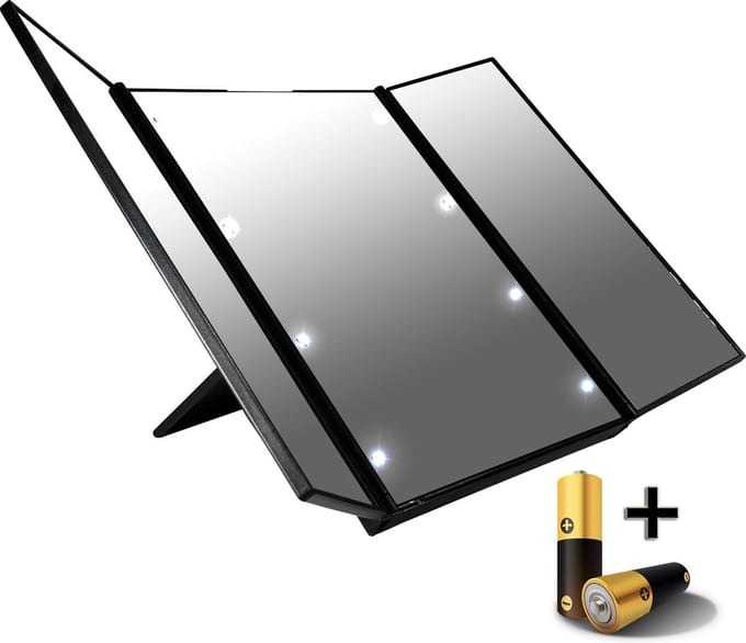 Verlichte spiegel LED 3 luik make-up spiegeltje incl. batterij - draagbaar - reizen