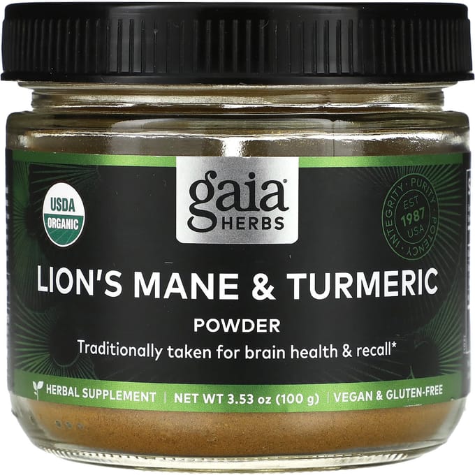 Gaia Herbs, Poudre d'Hericium erinaceus et de Curcuma, 3,53 oz (100g)