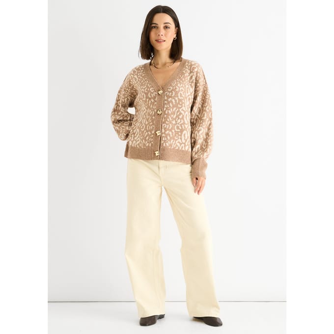 Kameel Dierenprint Wolmix Cardigan Look Trui