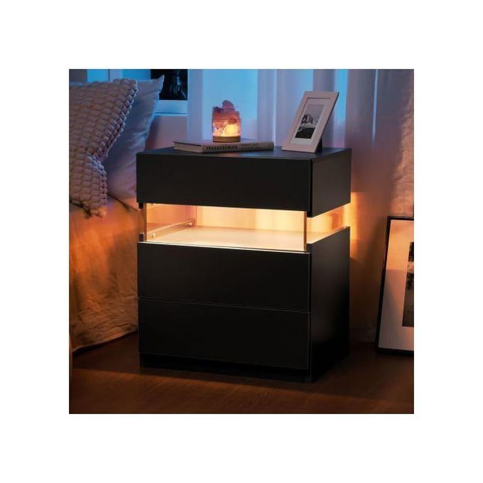 LED Nachtkastje - MUVOE - Zwart - 3 Lades - Acryl Paneel - Meerkleurige Verlichting zwart