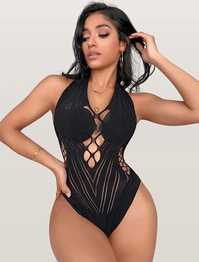 LekkerStout String-Back Bodysuit - Teddy - Zwart - Sexy Lingerie | S-L | ( LS015 )