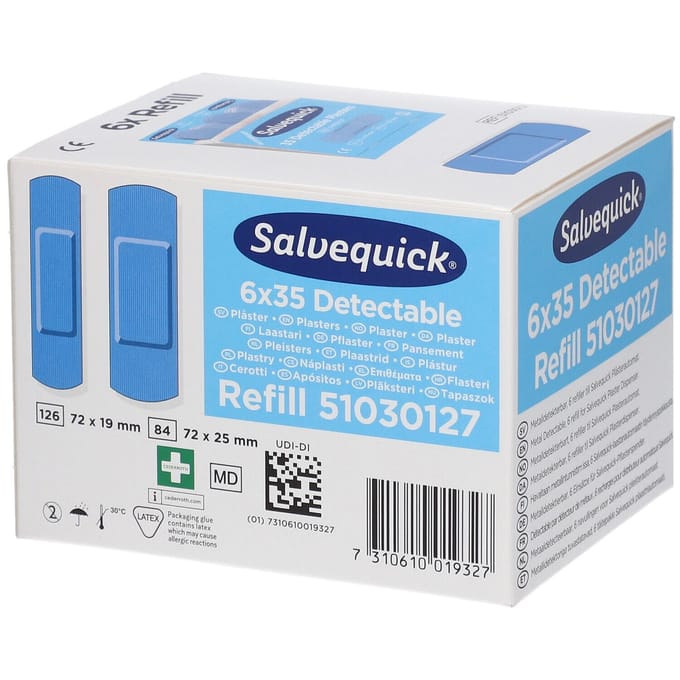 Salvequick® Blue Detectable Plasters Refill 51030127 6x35 Pleister