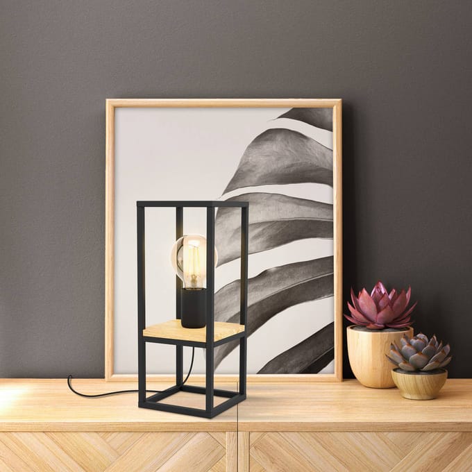 EGLO Tafellamp Libertad, hoogte 35 cm, zwart/hout, staal